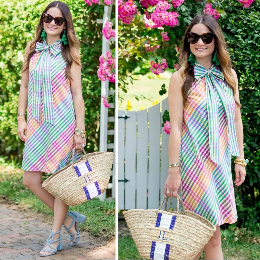 J.Crew Tie Neck Rainbow Gingham Dress Size 8 Plaid Preppy Bow Summer - Picture 6 of 16